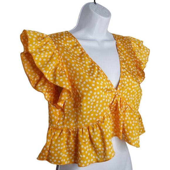 SHEIN Womens Yellow White Floral Cross Front Ruffle Flutter Sleeve Crop Blouse S - Picture 3 of 9